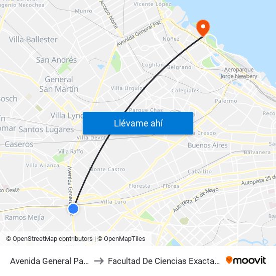 Avenida General Paz Y Coronel Falcón (21 - 28) to Facultad De Ciencias Exactas Y Naturales - Pabellón Cero + Infinito map