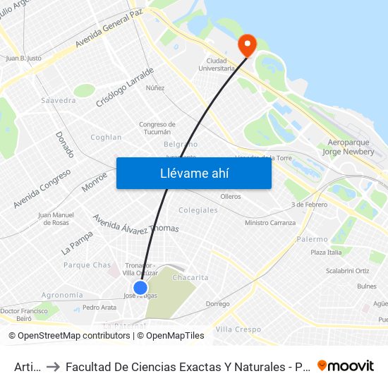 Artigas to Facultad De Ciencias Exactas Y Naturales - Pabellón Cero + Infinito map