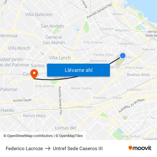 Federico Lacroze to Untref Sede Caseros III map