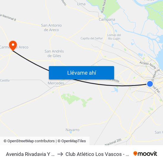 Avenida Rivadavia Y Sargento Cabral to Club Atlético Los Vascos - Carmen De Areco - Ba map