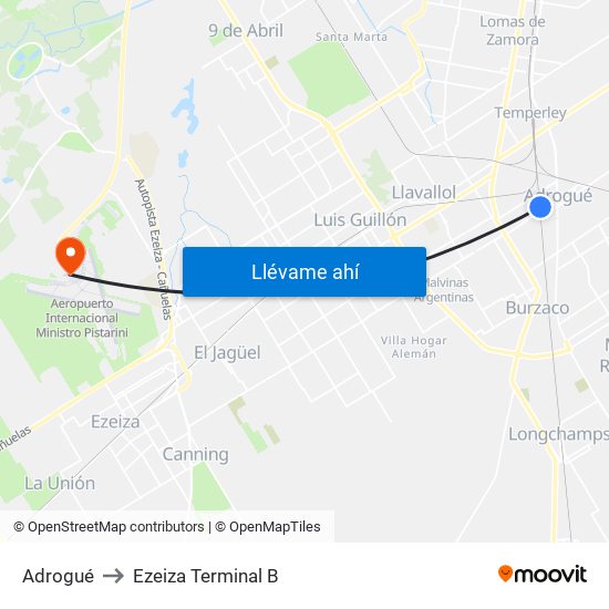 Adrogué to Ezeiza Terminal B map