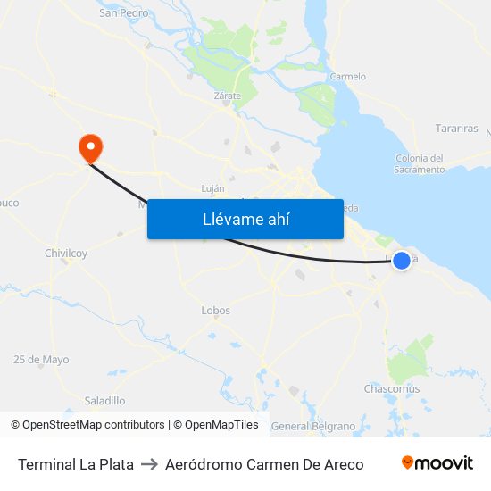 Terminal La Plata to Aeródromo Carmen De Areco map