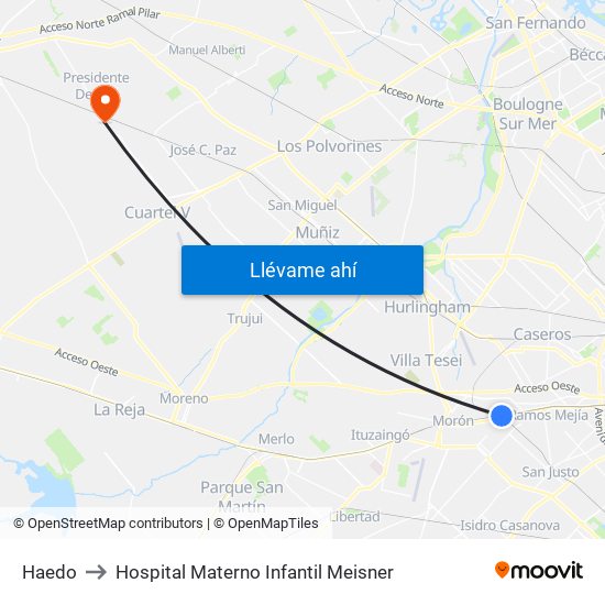 Haedo to Hospital Materno Infantil Meisner map