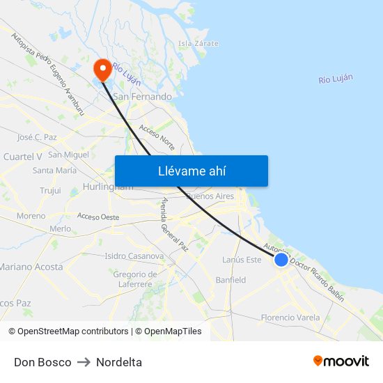 Don Bosco to Nordelta map