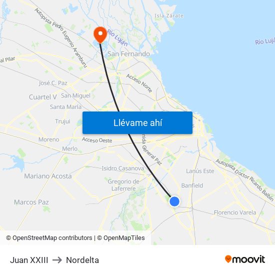 Juan XXIII to Nordelta map