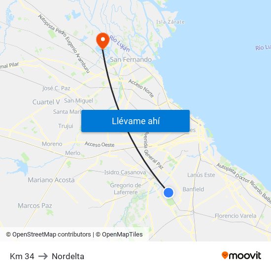 Km 34 to Nordelta map