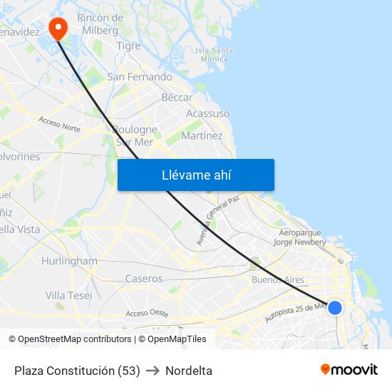 Plaza Constitución (53) to Nordelta map