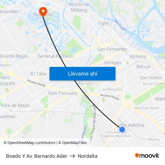 Boedo Y Av. Bernardo Ader to Nordelta map