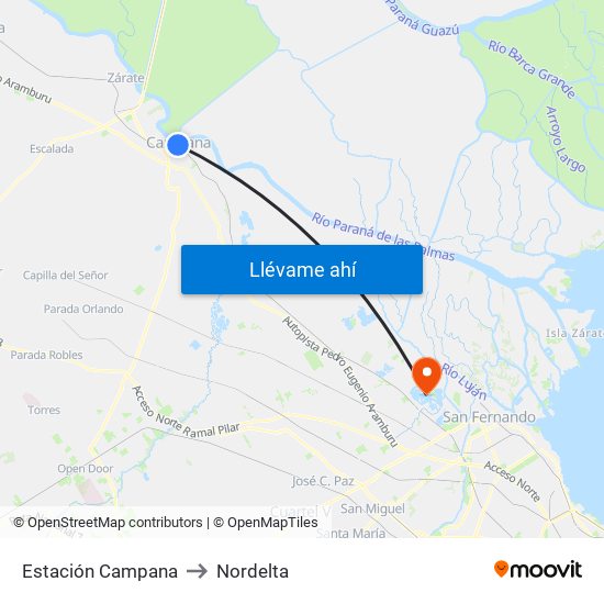 Estación Campana to Nordelta map