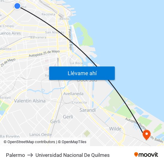Palermo to Universidad Nacional De Quilmes map