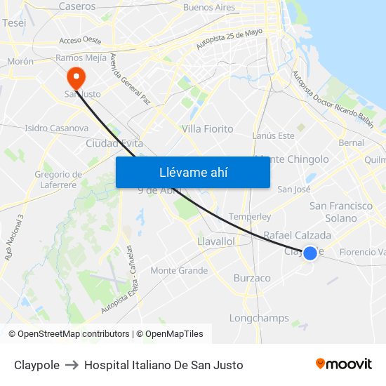 Claypole to Hospital Italiano De San Justo map