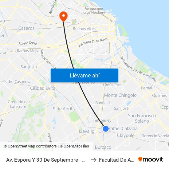 Av. Espora Y 30 De Septiembre - Divisoria Temperley to Facultad De Agronomía map
