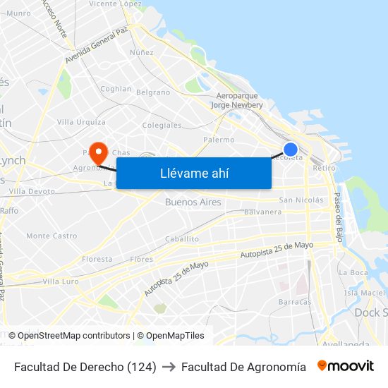 Facultad De Derecho (124) to Facultad De Agronomía map