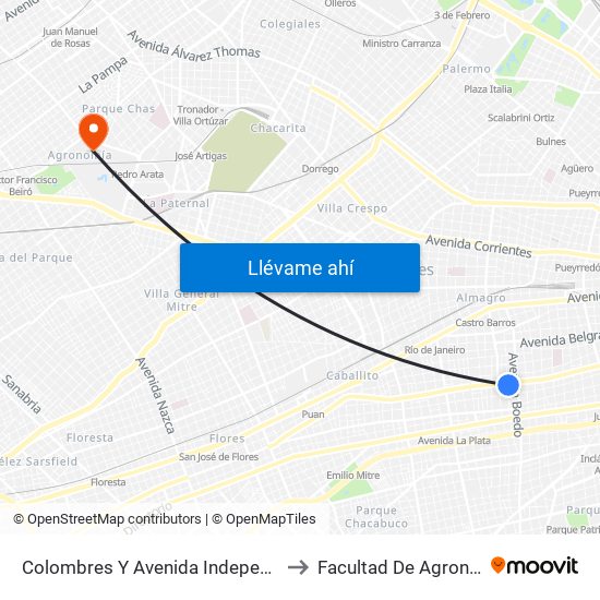 Colombres Y Avenida Independencia to Facultad De Agronomía map