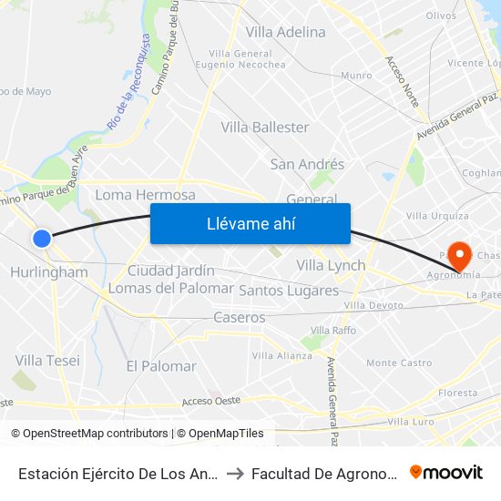 Estación Ejército De Los Andes to Facultad De Agronomía map
