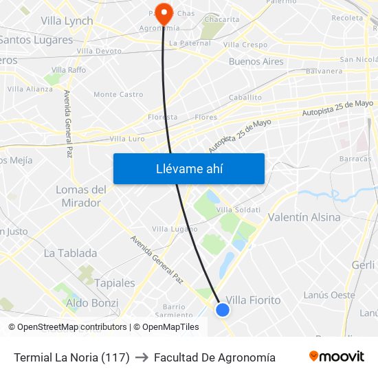 Termial La Noria (117) to Facultad De Agronomía map