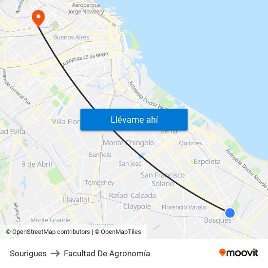Sourigues to Facultad De Agronomía map