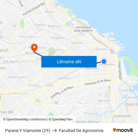 Paraná Y Viamonte (29) to Facultad De Agronomía map