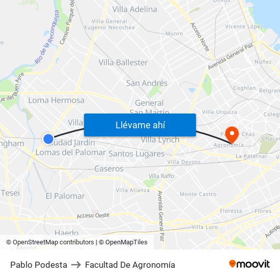 Pablo Podesta to Facultad De Agronomía map