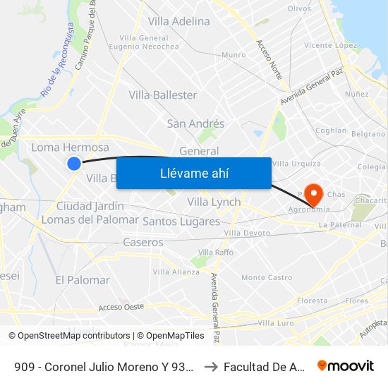 909 - Coronel Julio Moreno Y 938 - Gabino Ezeiza to Facultad De Agronomía map