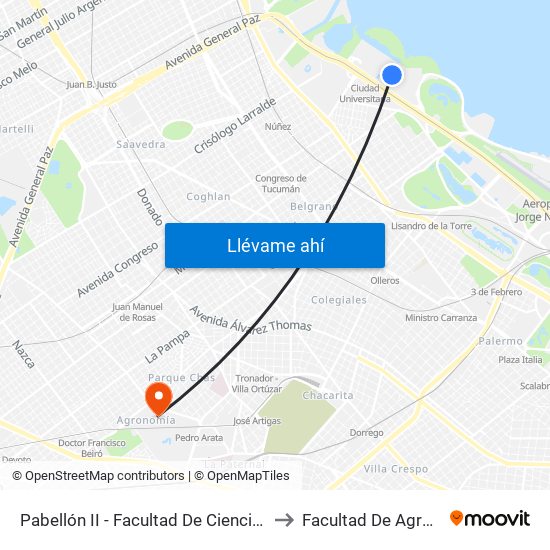 Pabellón II - Facultad De Ciencias Exactas to Facultad De Agronomía map