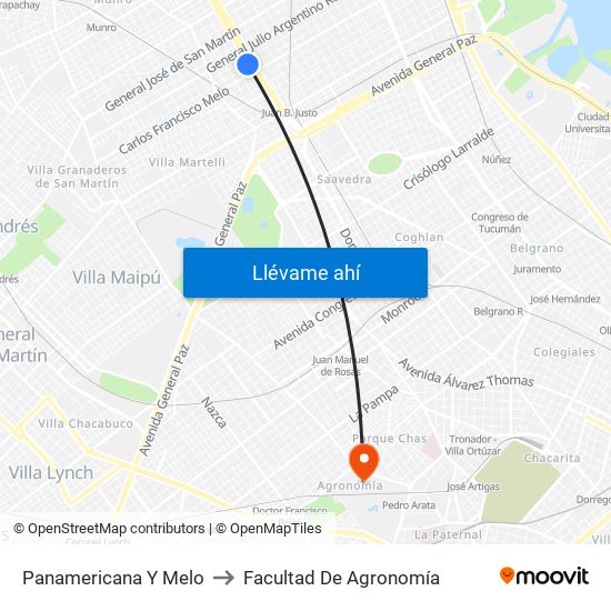 Panamericana Y Melo to Facultad De Agronomía map