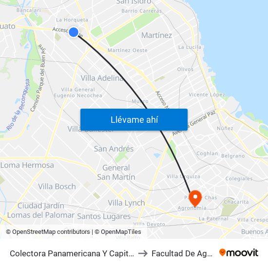 Colectora Panamericana Y Capitán San Martín to Facultad De Agronomía map