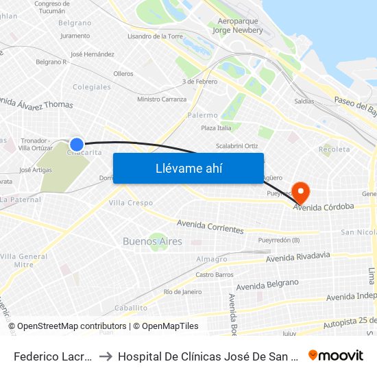 Federico Lacroze to Hospital De Clínicas José De San Martín map