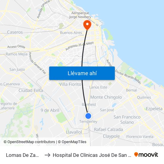 Lomas De Zamora to Hospital De Clínicas José De San Martín map