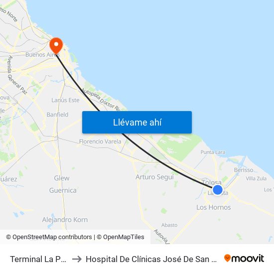 Terminal La Plata to Hospital De Clínicas José De San Martín map