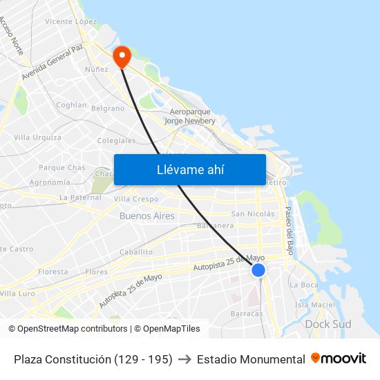 Plaza Constitución (129 - 195) to Estadio Monumental map