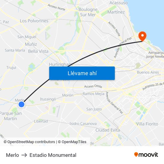 Merlo to Estadio Monumental map