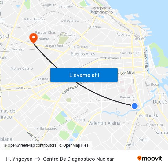 H. Yrigoyen to Centro De Diagnóstico Nuclear map