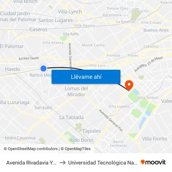 Avenida Rivadavia Y Sargento Cabral to Universidad Tecnológica Nacional - Frba - Campus map
