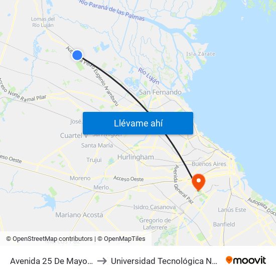 Avenida 25 De Mayo Y Colectora Este to Universidad Tecnológica Nacional - Frba - Campus map