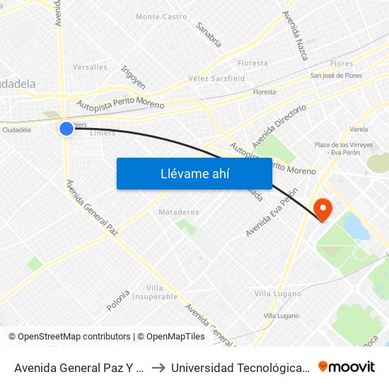 Avenida General Paz Y Coronel Falcón (21 - 28) to Universidad Tecnológica Nacional - Frba - Campus map