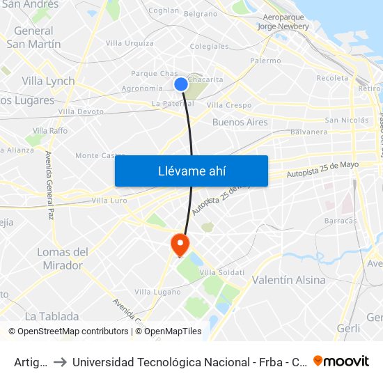 Artigas to Universidad Tecnológica Nacional - Frba - Campus map