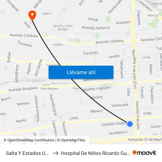 Salta Y Estados Unidos to Hospital De Niños Ricardo Gutiérrez map