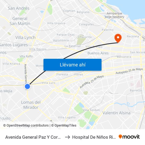 Avenida General Paz Y Coronel Falcón (21 - 28) to Hospital De Niños Ricardo Gutiérrez map