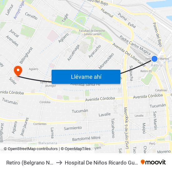 Retiro (Belgrano Norte) to Hospital De Niños Ricardo Gutiérrez map