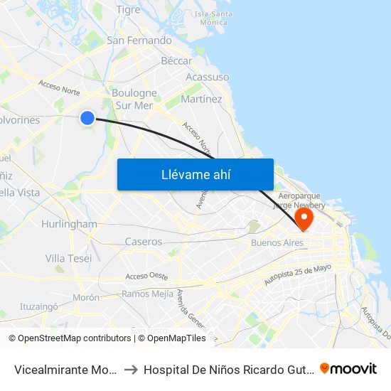 Vicealmirante Montes to Hospital De Niños Ricardo Gutiérrez map
