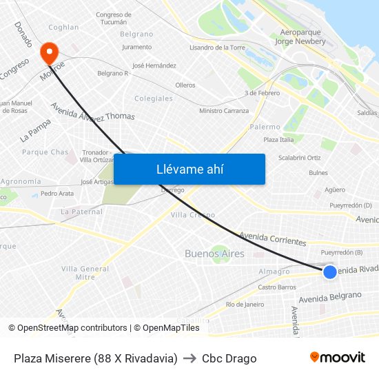 Plaza Miserere (88 X Rivadavia) to Cbc Drago map