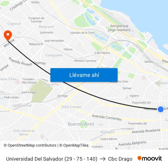 Universidad Del Salvador (29 - 75 - 140) to Cbc Drago map