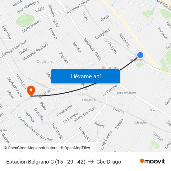 Estación Belgrano C (15 - 29 - 42) to Cbc Drago map