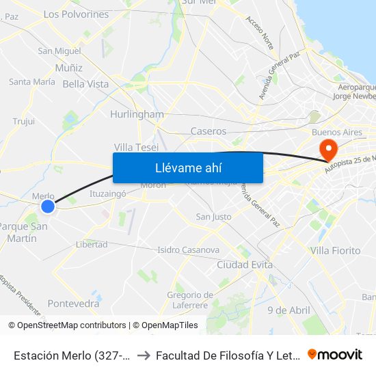 Estación Merlo (327-8 - 392) to Facultad De Filosofía Y Letras (Uba) map