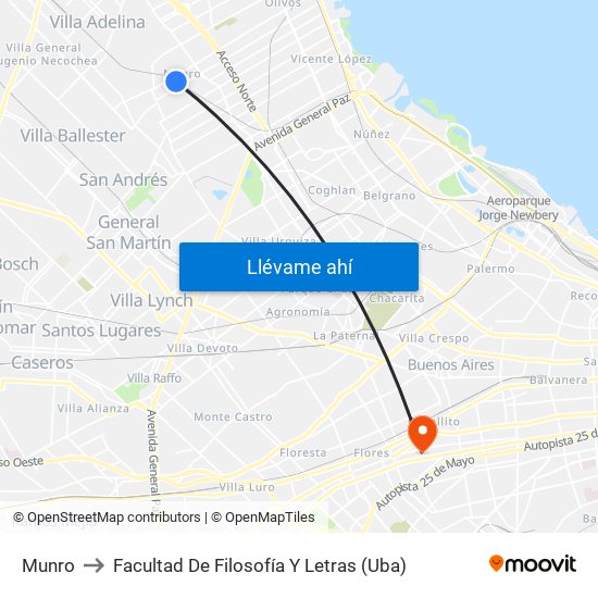 Munro to Facultad De Filosofía Y Letras (Uba) map
