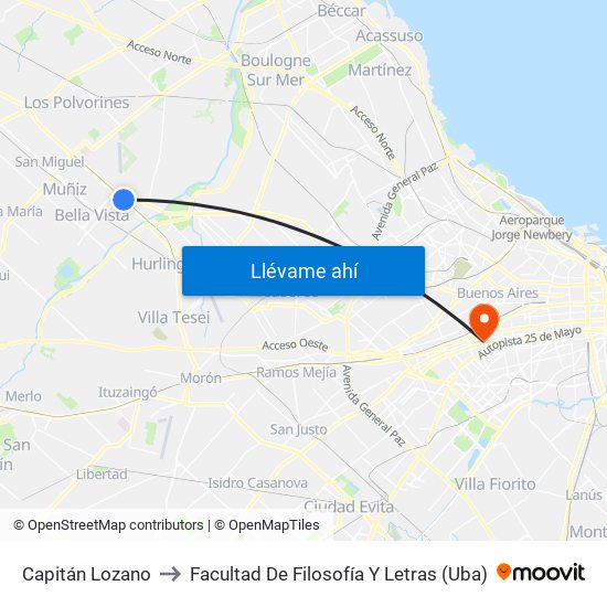 Capitán Lozano to Facultad De Filosofía Y Letras (Uba) map