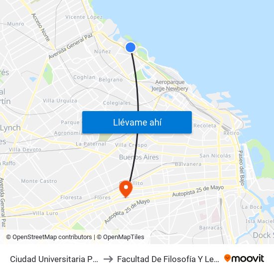 Ciudad Universitaria Pabellon II to Facultad De Filosofía Y Letras (Uba) map
