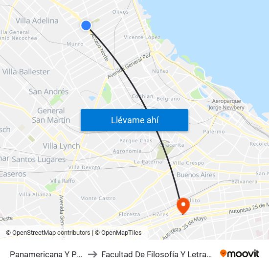 Panamericana Y Pelliza to Facultad De Filosofía Y Letras (Uba) map