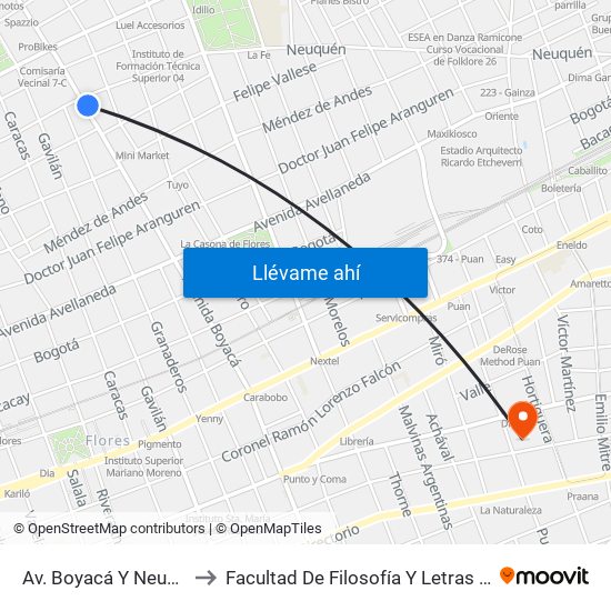 Av. Boyacá Y Neuquén to Facultad De Filosofía Y Letras (Uba) map